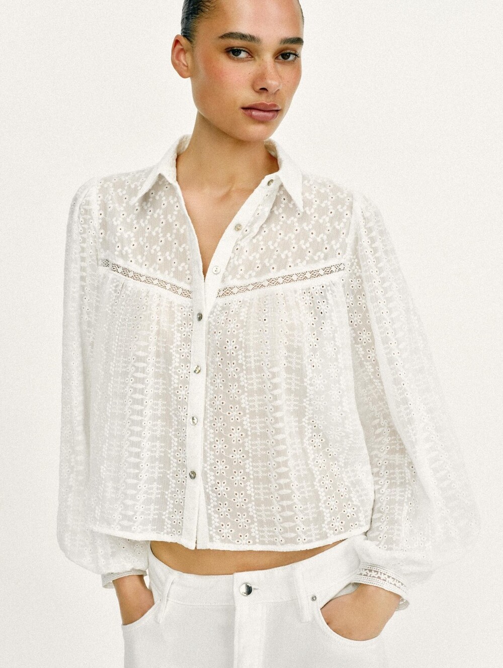 Zara White Eyelet Lace Button-Up Blouse